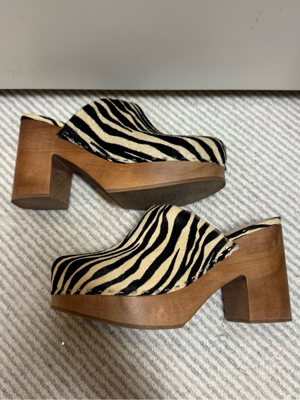 Charlotte Stone Zebra Print Slip-On Mule Platform Clogs - Black & Cream Wood - Picture 3 of 7